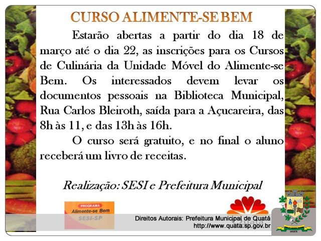 Notícia Curso Alimente-se Bem - Inscrições prorrogadas até o dia 27 de março