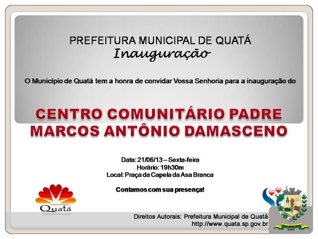 Notícia Centro Comunitário da Asa Branca será inaugurado dia 21/06 - Padre Damasceno será homenageado