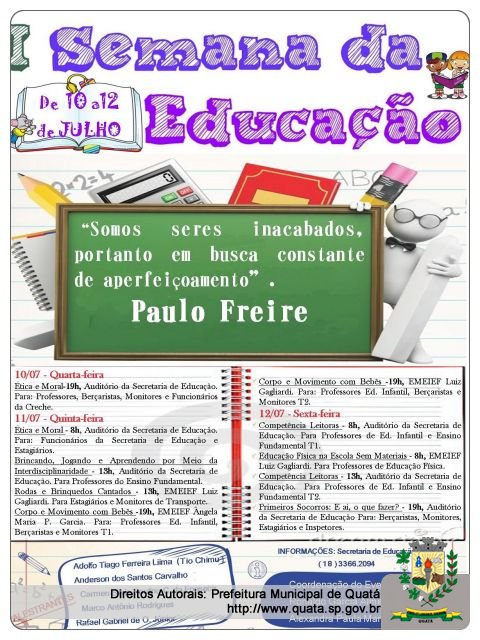 Notícia Professores e funcionários da Rede Municipal de Ensino participarão da 1ª Semana da Educação