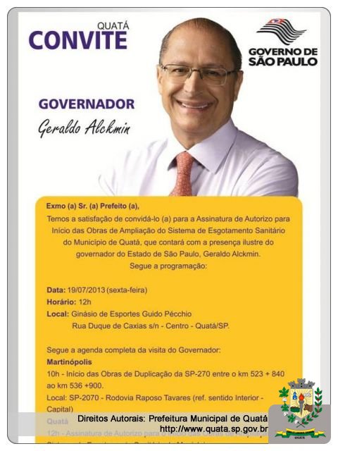 Notícia Alckmin estará em Quatá nesta sexta-feira para a Assinatura de Autorizo de início de Obras de Ampliação do Sistema de Esgotamento