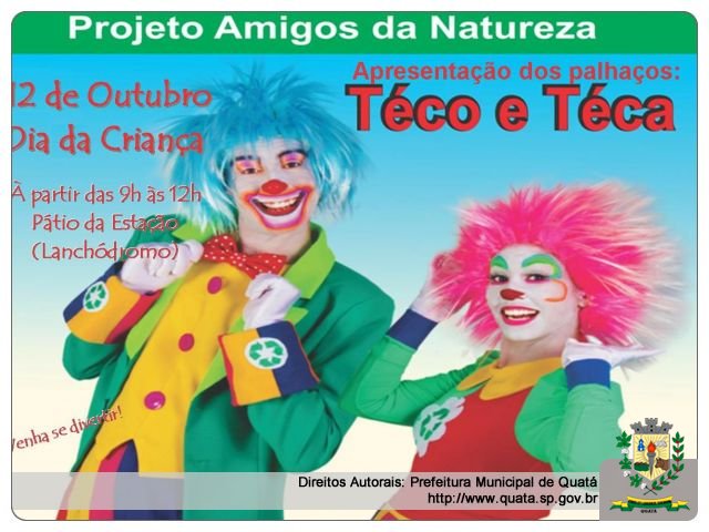 Notícia Palhaços Téco e Téca animarão o Dia da Criança! Evento será realizado pela Prefeitura Municipal.