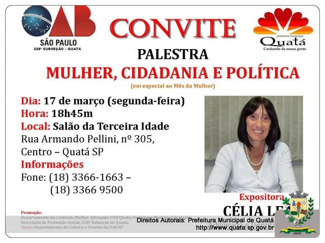 Notícia Deputada Estadual Célia Leão ministrará palestra em homenagem ao mês da mulher