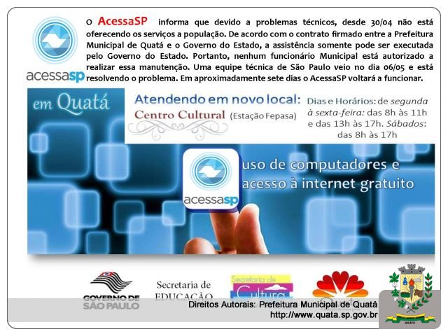 Notícia Problemas técnicos interrompem atendimento do AcessaSp - Reparos estão sendo realizados pelo Governo do Estado