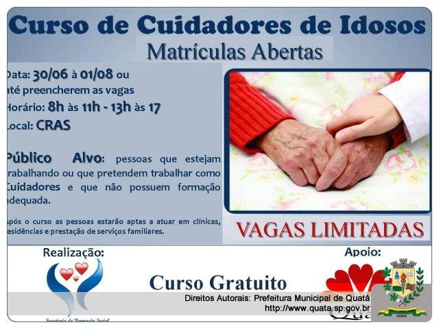 Notícia Abertas matrículas para o curso de Cuidadores de Idosos