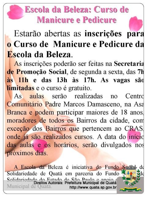 Notícia Abertas inscrições para o curso de Manicure e Pedicure da Escola da Belaza