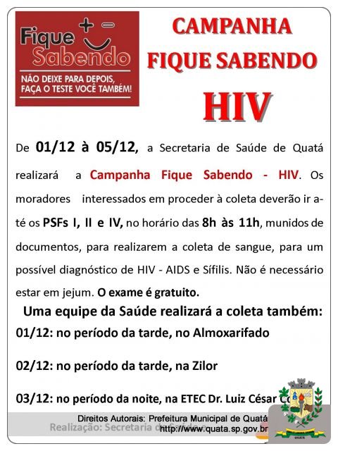 Notícia De 01/12 à 05/12: Campanha Fique sabendo HIV