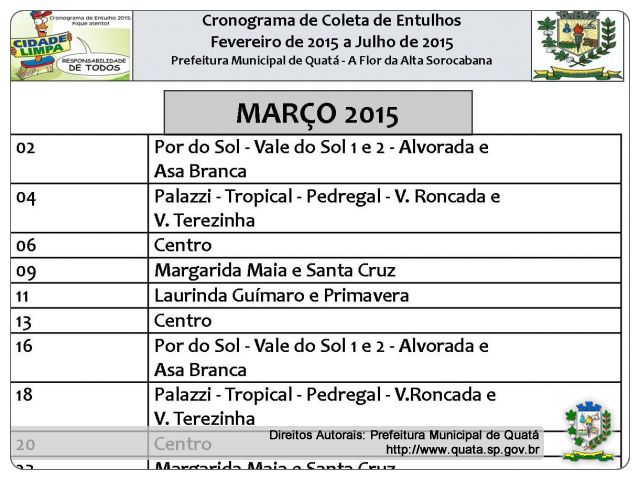 Notícia Cronograma de Coleta de Entulhos Março 2015