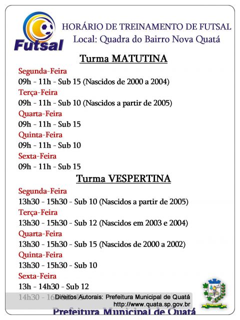 Notícia Secretaria de Esporte de Quatá divulga tabela com horário de treinamento de FUTSAL