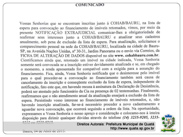 Notícia Comunicado da COHAB à todos os Moradores de Quatá
