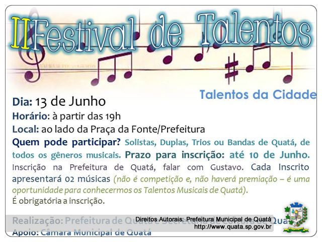 Notícia Participe do II Festival de Talentos da cidade