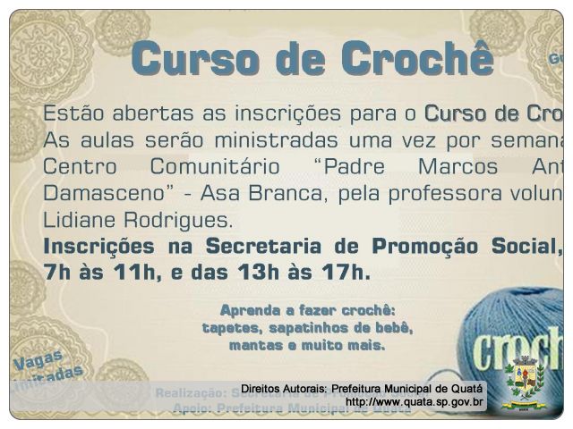 Notícia Abertas inscrições para Curso de Crochê