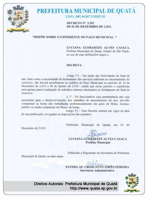 Notícia Decreto que dispõe sobre o expediente no Paço Municipal