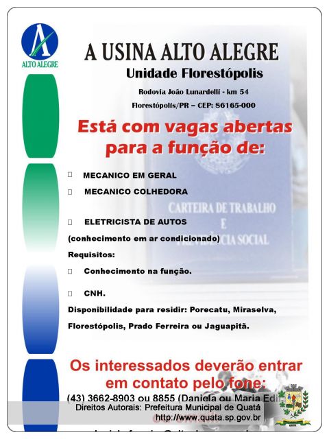 Notícia Oportunidade de emprego - vagas para Usina Alto Alegre