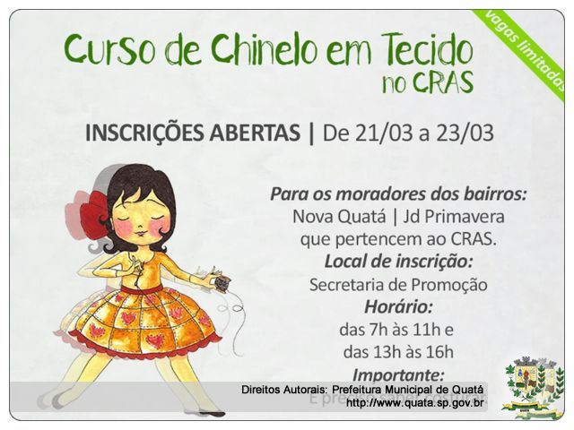 Notícia De 21/03 a 23/03 estarão abertas inscrições para os cursos de Pintura em Tecido e Chinelo em Tecido
