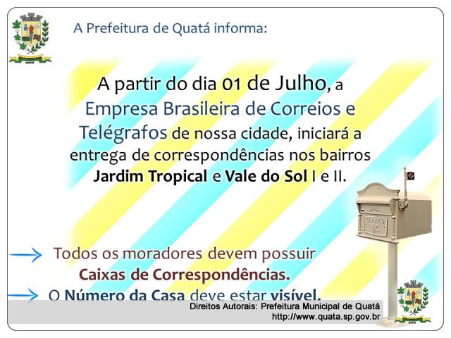 Notícia Bairros Jardim Tropical e Vale do Sol I e II receberão correspondências