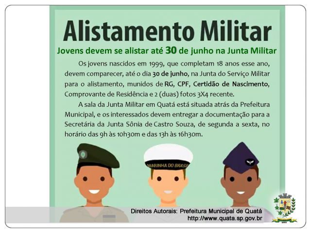 Notícia Jovens que completam 18 anos em 2017 devem se alistar até  30 de junho na Junta Militar