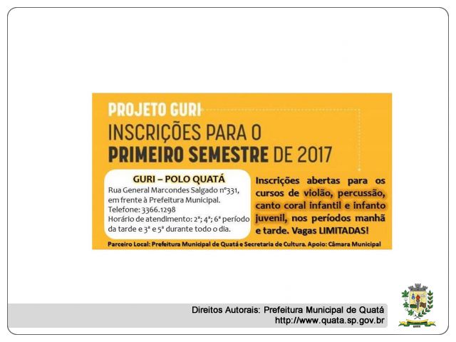 Notícia Inscrições abertas para os cursos do GURI ? Polo Quatá