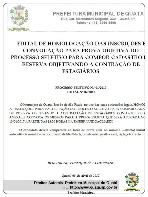 Notícia Edital de homologação e inscrições para o Processo Seletivo dos Estagiários