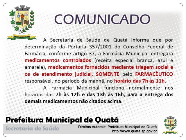 Notícia COMUNICADO da Secretaria de Saúde de Quatá