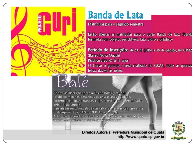 Notícia Matrículas abertas para GURI; Projeto Banda de Lata e Balé