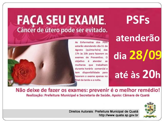 Notícia PSFs de Quatá atenderão dia 28/09 até às 20h para realizarem exames de preventivo