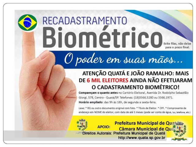 Notícia Mais de 6 mil eleitores de Quatá e João Ramalho ainda não efetuaram o Cadastramento Biométrico obrigatório