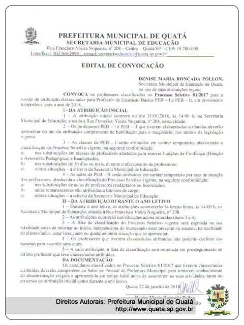 Notícia Edital de Convocação atribuição de classes/aulas