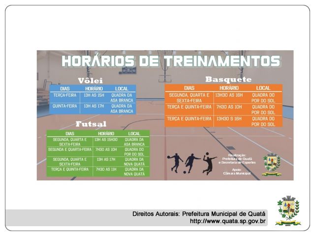 Notícia Horários de treinamentos de Vôlei, Basquete, Futsal e futebol