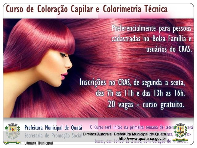 Notícia Abertas inscrições para os cursos de coloração capilar e colorimetria técnica; e cabeleireiro especializado em cortes.