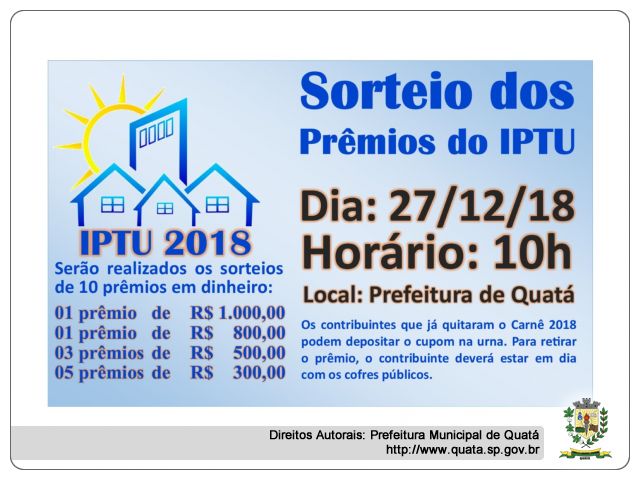 Notícia Sorteio dos prêmios do IPTU - 2018