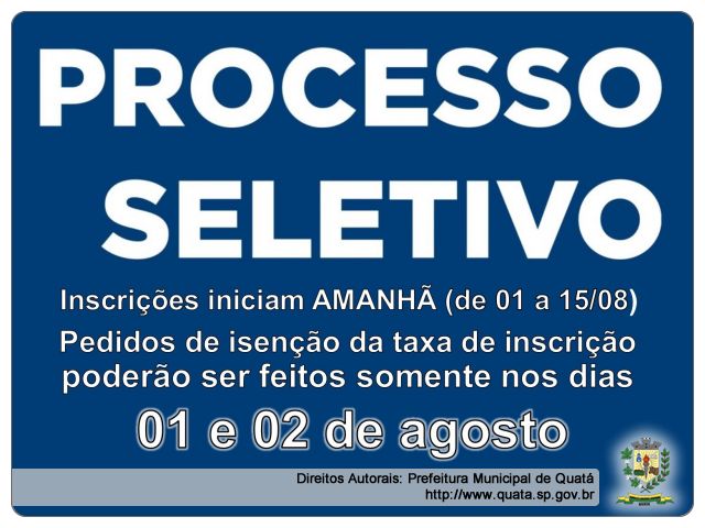 Notícia PROCESSO SELETIVO 2019: inscrições iniciam amanhã