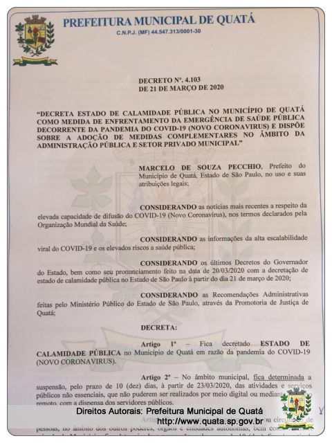Notícia Decreto nº 4.103 de 21 de Março de 2020. 