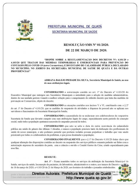 Notícia RESOLUÇÃO SMS Nº 01/2020. DE 22 DE MARÇO DE 2020.