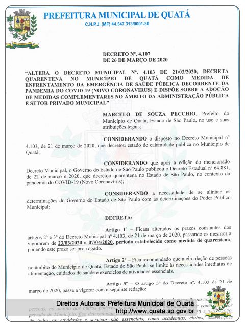 Notícia Decreto nº4.107 de 26 de Março de 2020