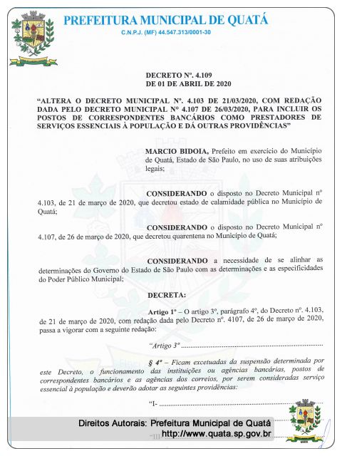 Notícia Decreto nº4.109 de 01 de Abril de 2020