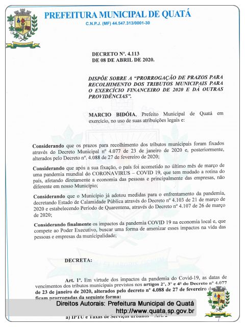 Notícia Decreto nº.4113 de 08 de Abril de 2020