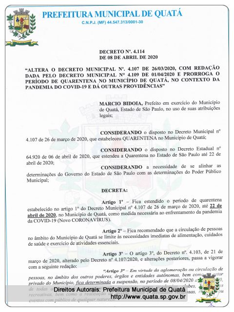 Notícia Decreto nº 4.114 de 08 de Abril de 2020