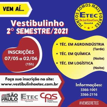 Foto 1: Inscrições abertas para o Vestibulinho da ETEC de Quatá