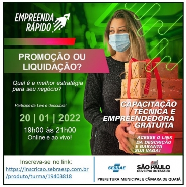 Foto 1: HOJE, às 19h: Sebrae Aqui QUATÁ realizará live sobre estratégia de vendas para região de Marília