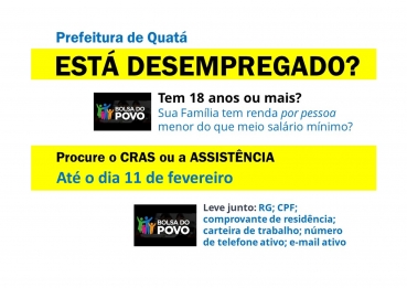 Foto 1: Termina HOJE - 11/02, o prazo para as inscrições para Bolsa do Povo 