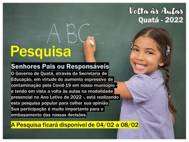 Foto 1: Termina HOJE  para que os pais participem da pesquisa popular sobre a volta às aulas presenciais. PAIS a opinião de vocês é muito importante!