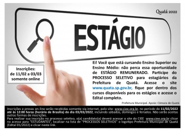 Foto 1: INSCRIÇÕES até o dia 03/03 para o Processo Seletivo para Estagiários: para alunos que estão cursando Ensino Superior ou Ensino Médio 