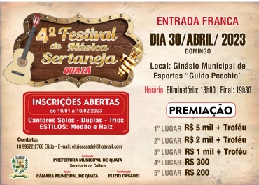 Foto 1: Inscrições abertas para o 4º Festival de Música Sertaneja de Quatá