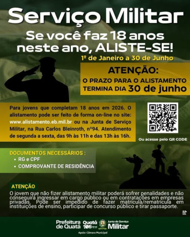 Foto 1: ATENÇÃO JOVENS: termina dia 30/06 o prazo para o Alistamento Militar 2026
