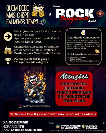Foto 1: Dia 30/05. Inscrições das 17h às 18h, no dia e local do evento. 